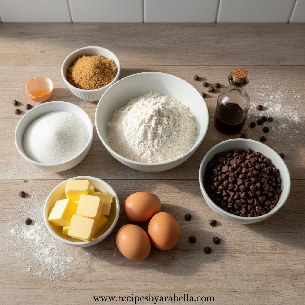 Ultimate Chocolate Chip Cookies Recipe: Soft, Chewy Perfection 2 All ingredients needed for chocolate chip cookies laid out