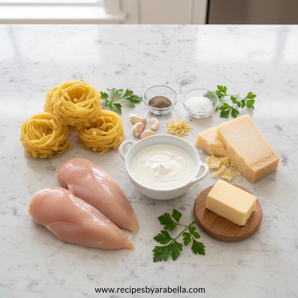 Quick Chicken Fettuccine Alfredo - Easy Dinner Recipe 2 Fresh ingredients for chicken fettuccine alfredo including chicken, pasta, cream, and cheese