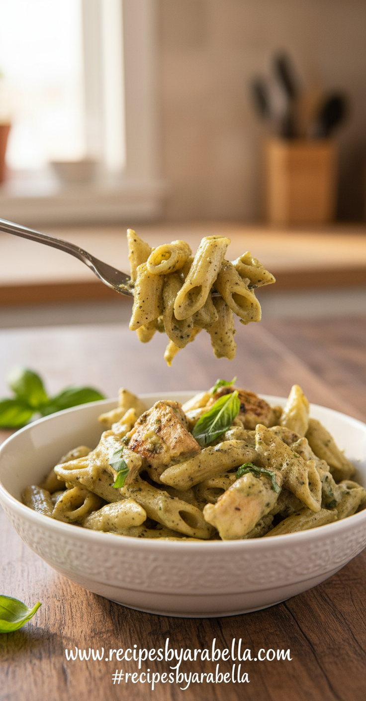 Delicious creamy pesto chicken pasta with artichokes in a white bowl