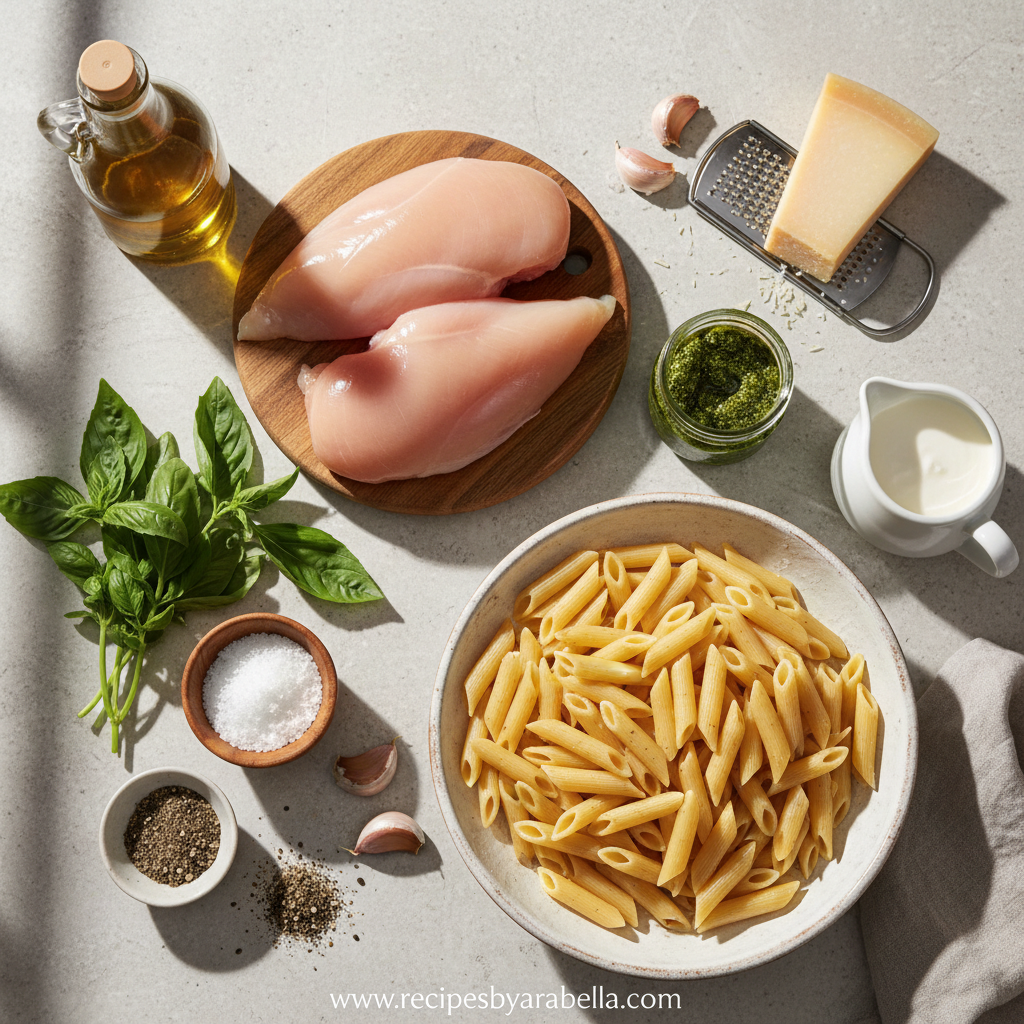 Ingredients for creamy pesto chicken pasta laid out on counter