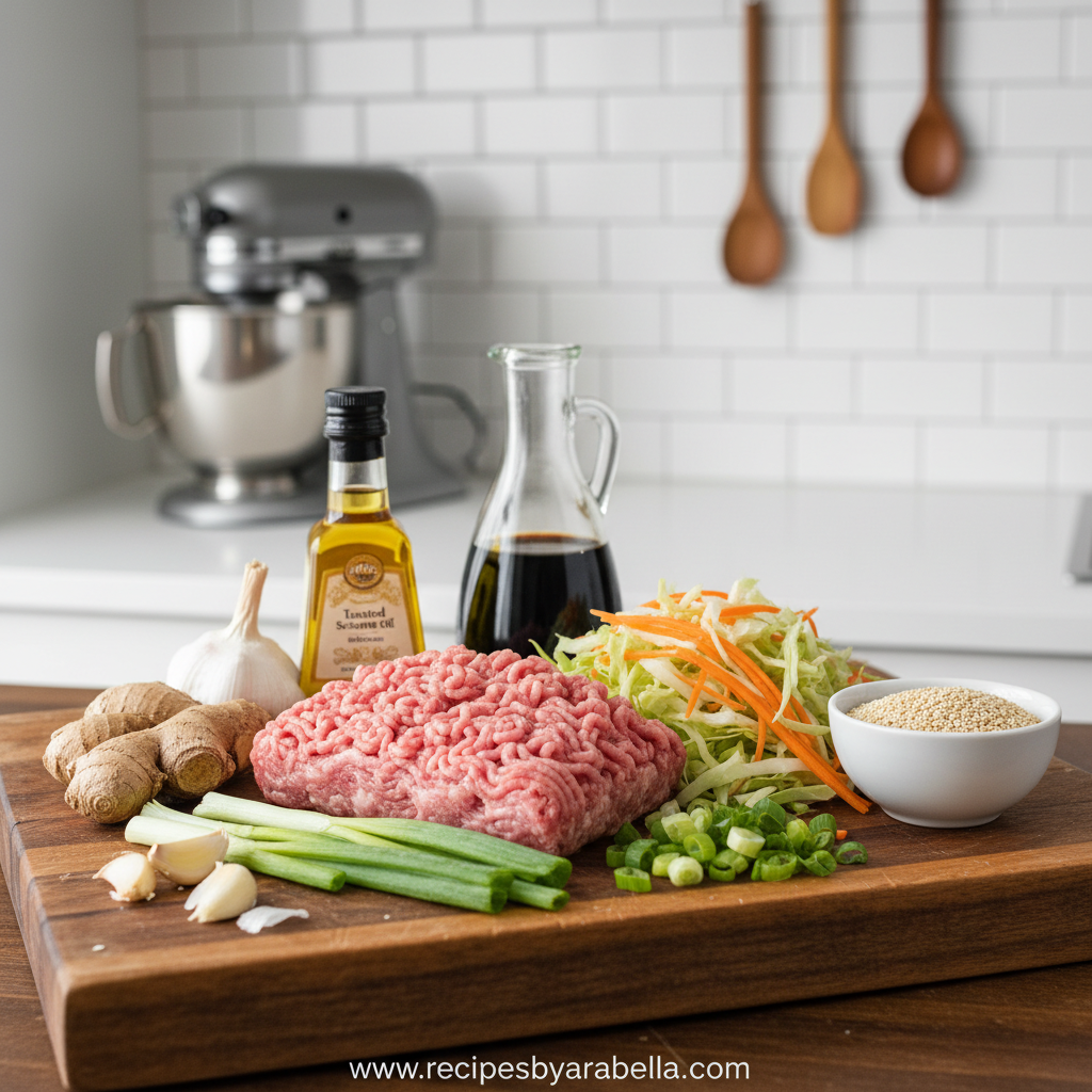 Easy Egg Roll In A Bowl Recipe: Keto, Low-Carb & Perfect for Meal Prep 2 Ingredients for egg roll in a bowl including ground meat, cabbage, carrots, and seasonings