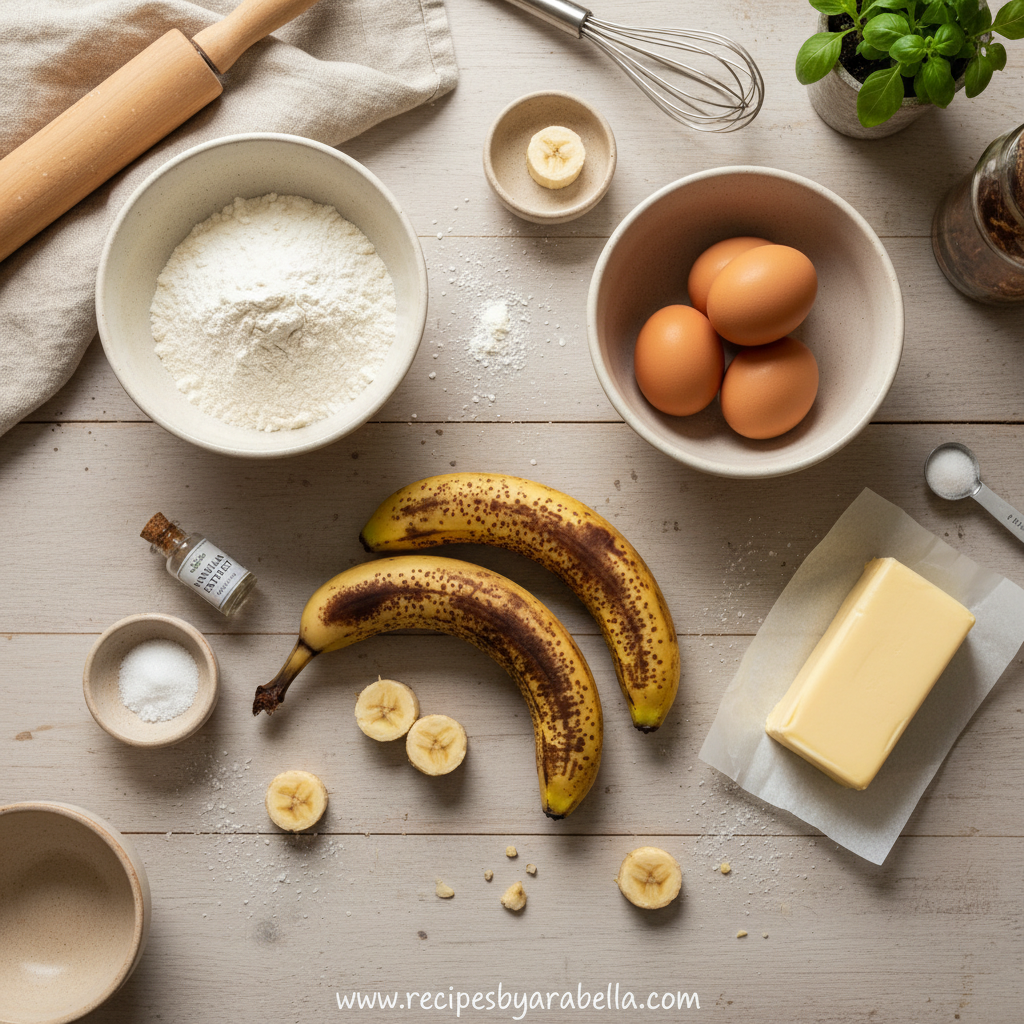 Very Easy Banana Bread Recipe: Super Moist & Delicious 2 Banana bread ingredients laid out on counter