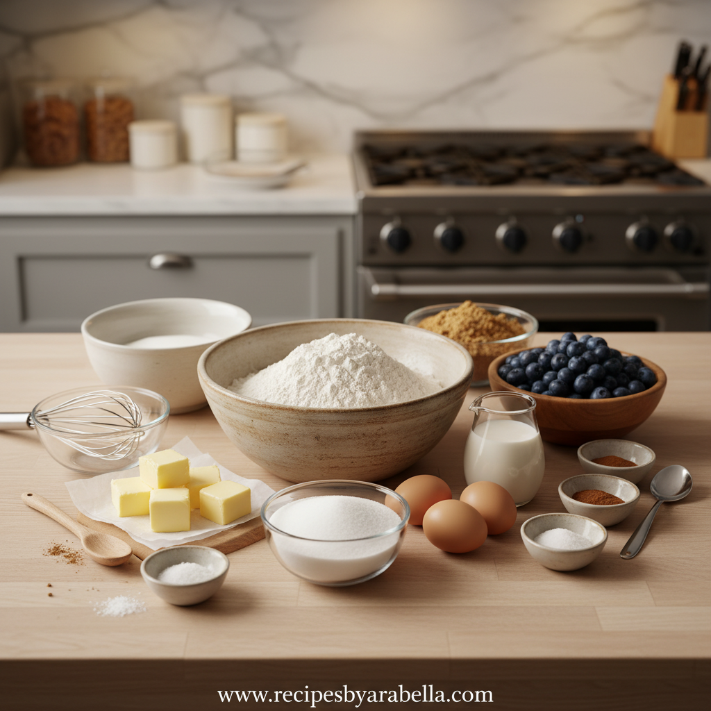 Bakery Style Fluffy Blueberry Streusel Muffins - Ultimate Recipe Guide 2 Ingredients for blueberry streusel muffins laid out on counter