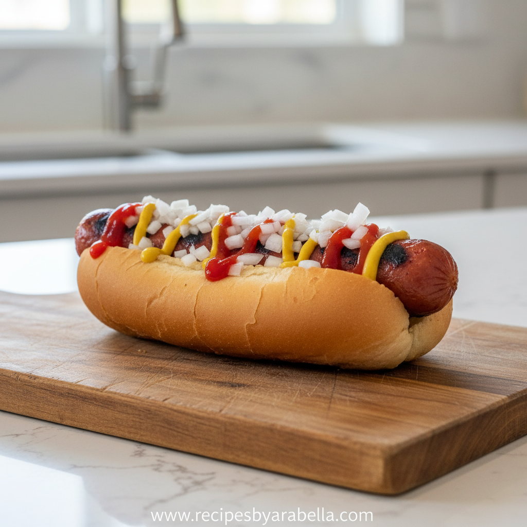Colorful assortment of American hot dog styles on wooden board
