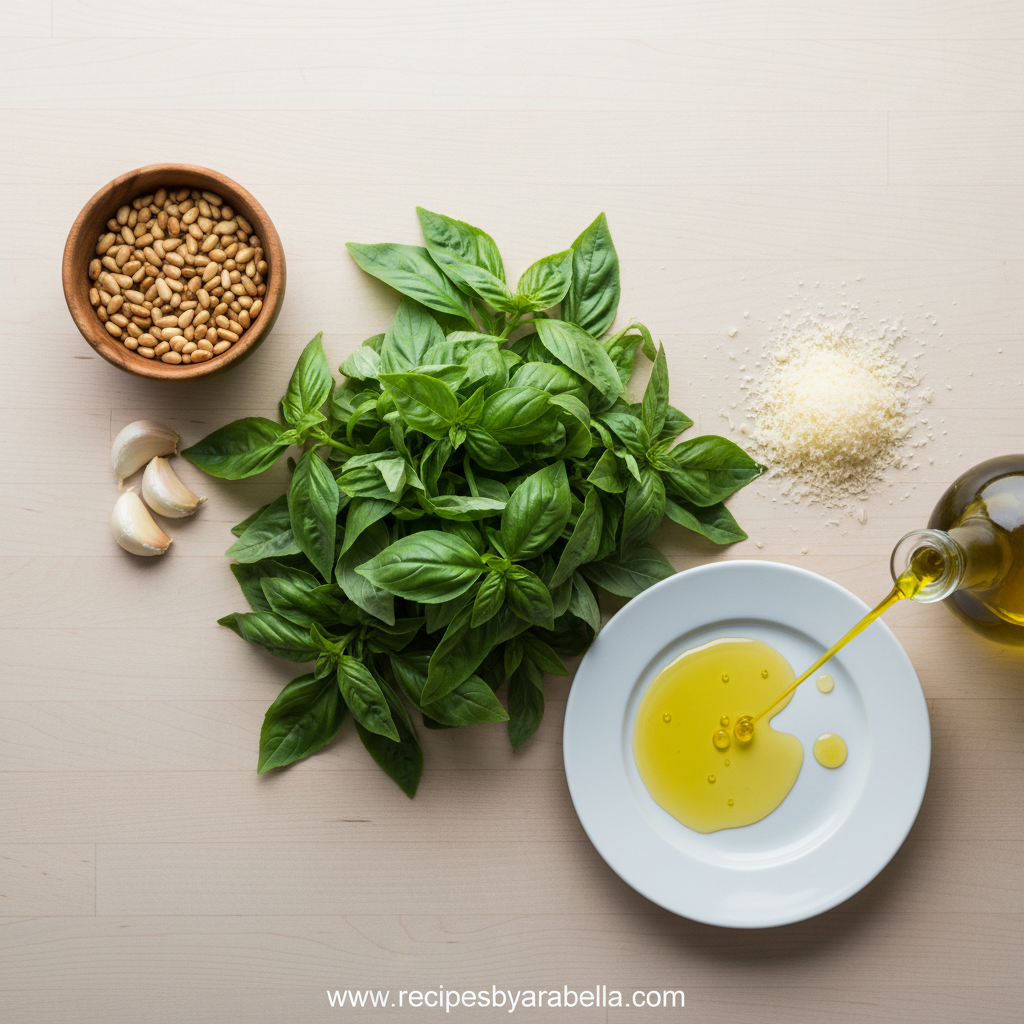 Fresh basil pesto ingredients displayed on a wooden table: basil leaves, pine nuts, garlic, Parmesan cheese, olive oil