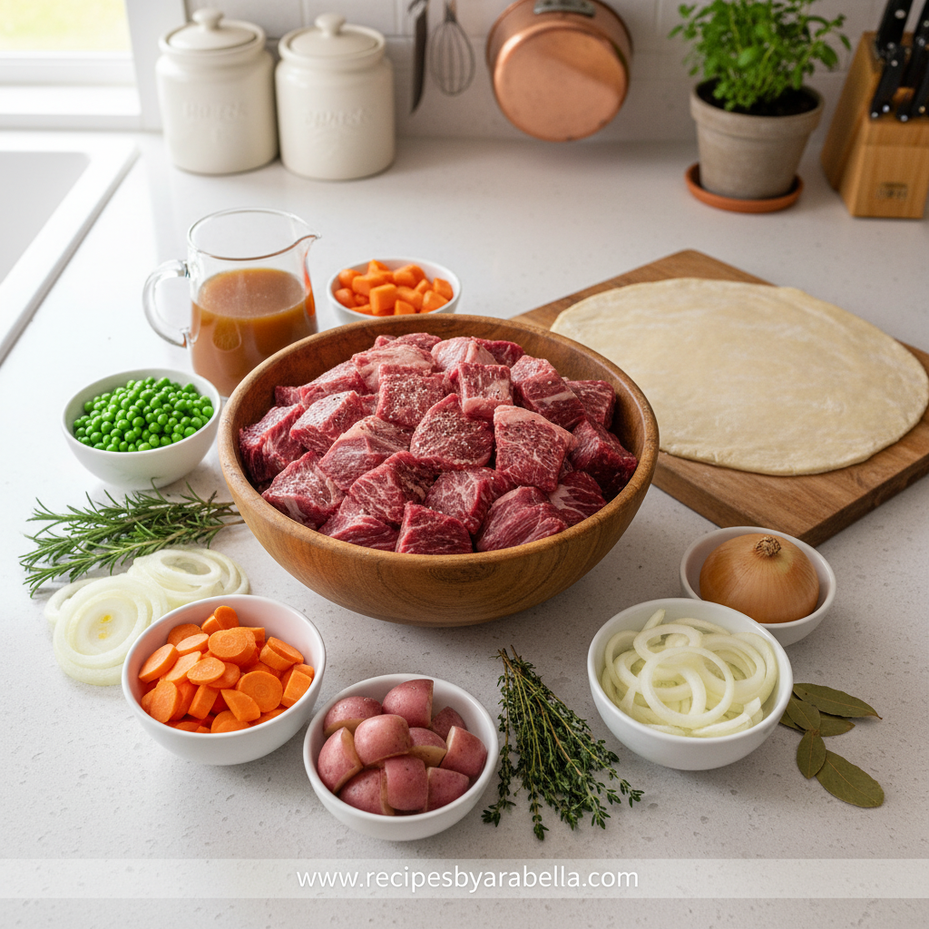 Ultimate Classic Beef Pot Pie - Flaky Crust Comfort Food Recipe 2 Ingredients for beef pot pie including beef, vegetables, and pastry