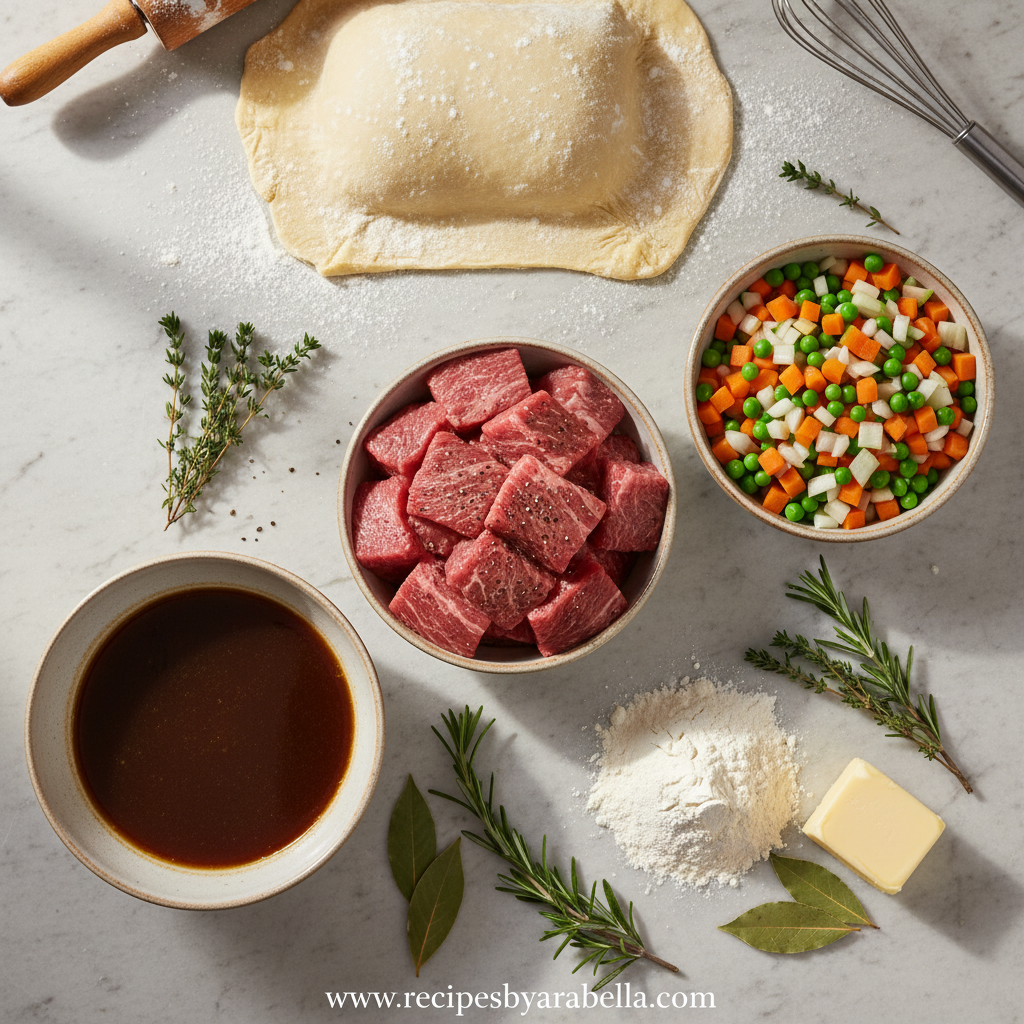 Ingredients for making beef pot pie including beef, vegetables, and pastry