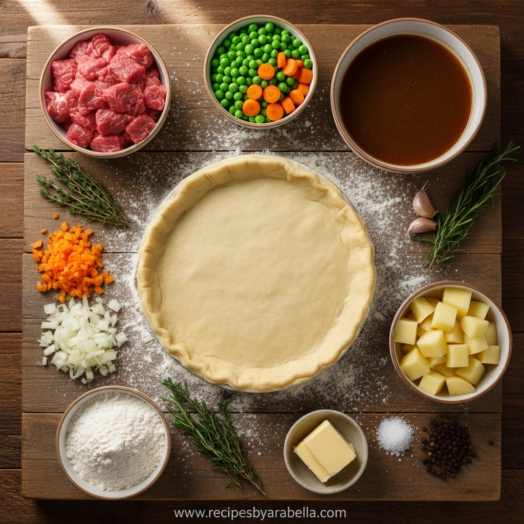 Ultimate Homemade Beef Pot Pie - Flaky Crust Comfort Food Recipe 2 Ingredients for beef pot pie including beef, vegetables, and pastry