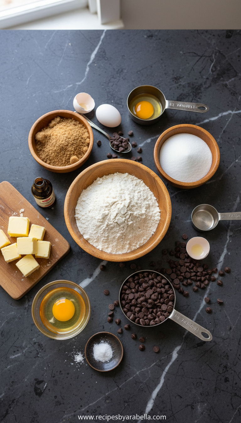 Essential ingredients for making chocolate chip cookies
