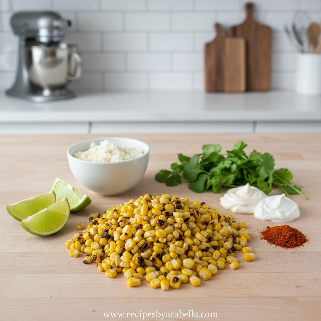 Fresh ingredients for Mexican corn salad including corn, lime, and spices