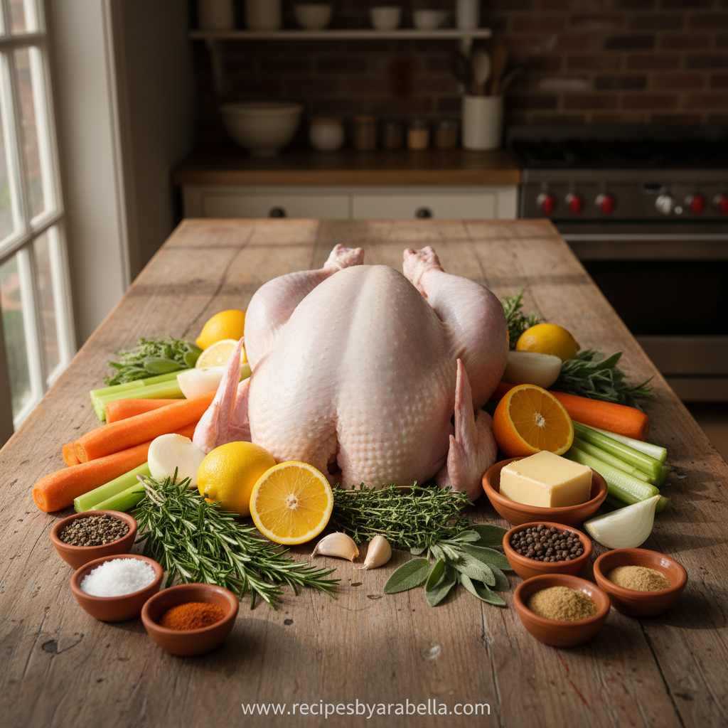 Fresh turkey and Thanksgiving ingredients ready for cooking