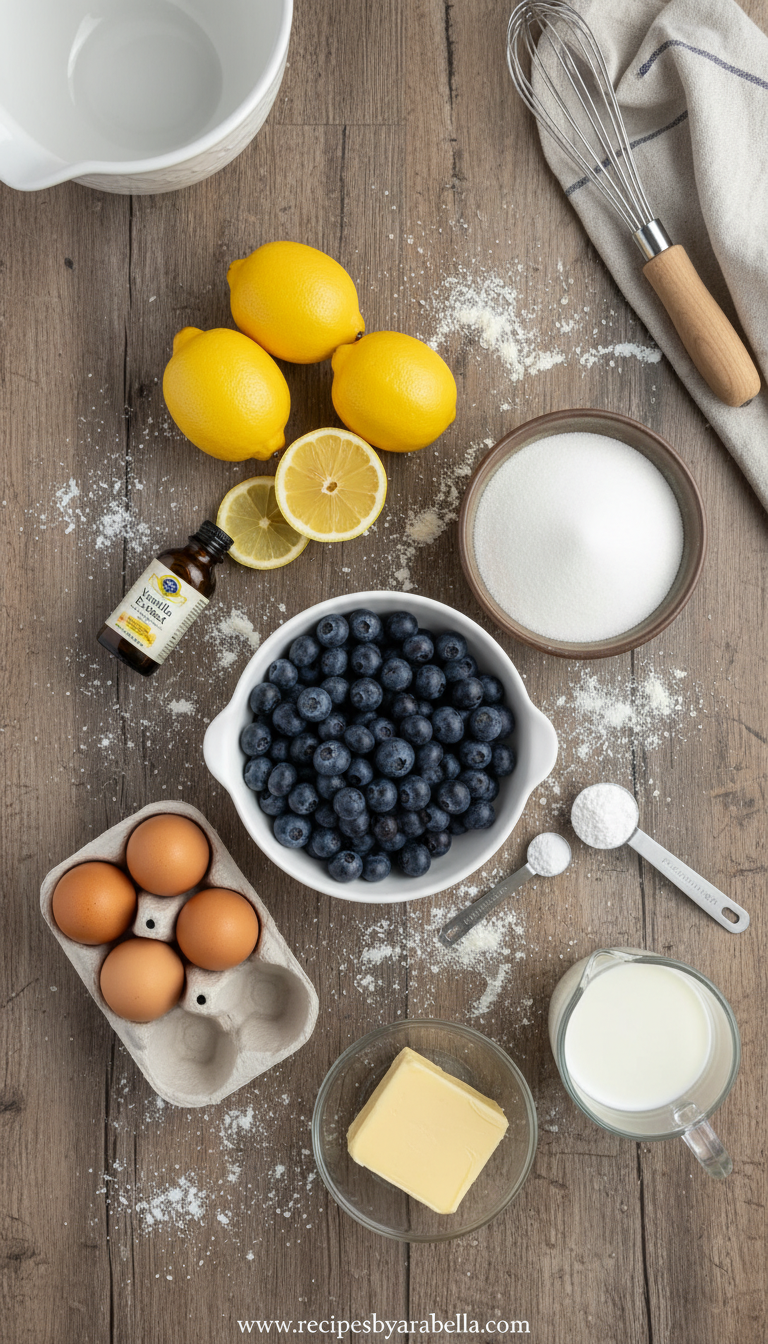 Ingredients for lemon blueberry loaf including flour, eggs, lemon, blueberries, and baking ingredients