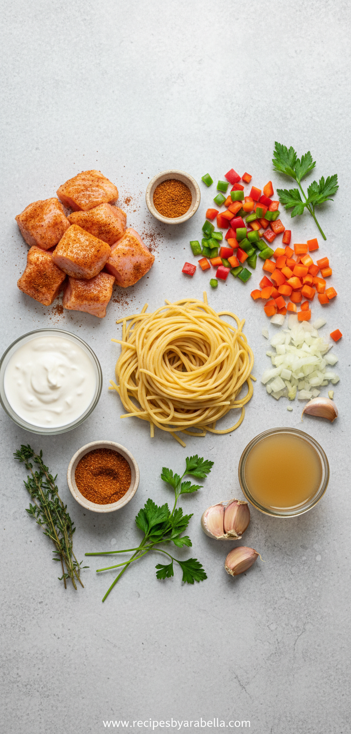Creamy Cajun Chicken Spaghetti - Bold One-Pot Weeknight Comfort Food 2 Ingredients for Cajun chicken spaghetti including chicken, pasta, peppers, and seasonings