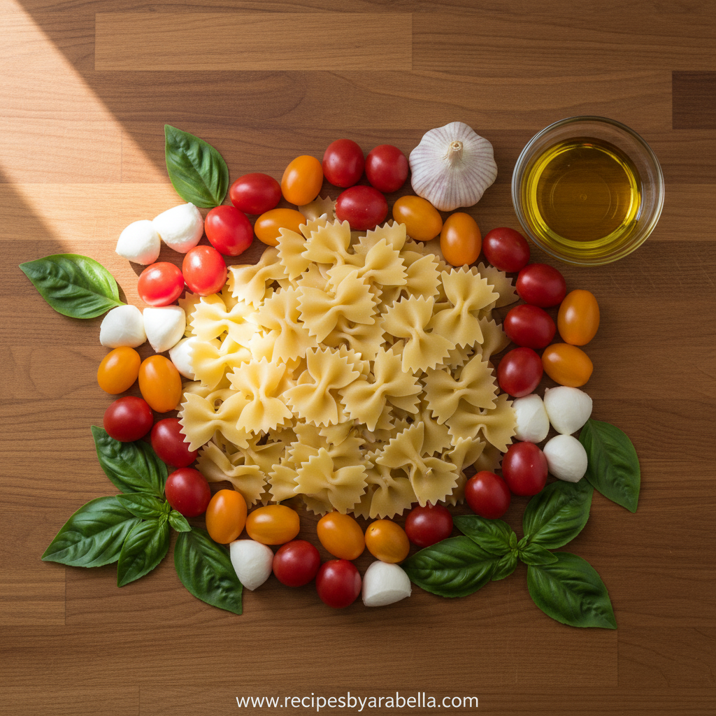Ultimate Bruschetta Pasta Salad Recipe – Fresh Tomato Basil Summer Side Dish 2 Ingredients for bruschetta pasta salad: pasta, tomatoes, basil, mozzarella