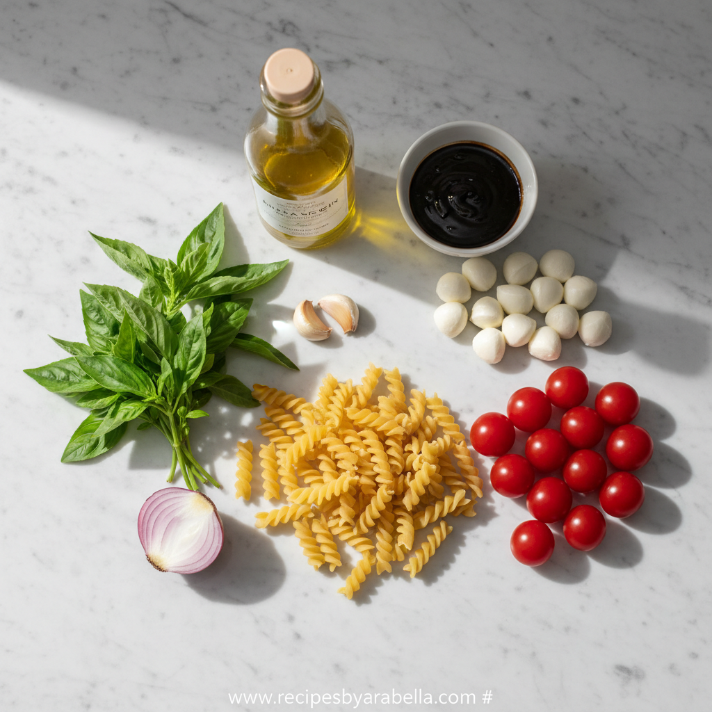 Bruschetta Pasta Salad: Fresh Tomato Basil Summer Side Dish Recipe 2 Fresh ingredients for bruschetta pasta salad including tomatoes, basil, mozzarella and pasta