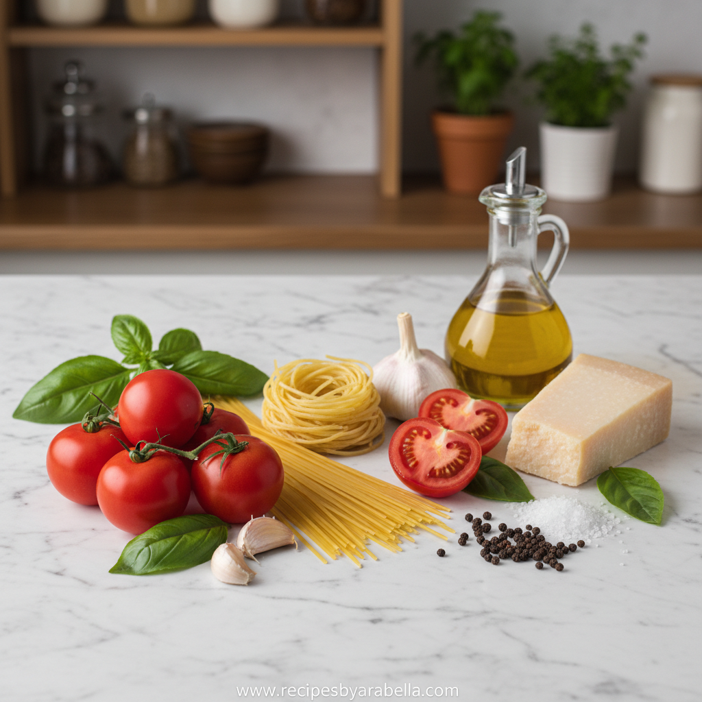 Fresh ingredients for bruschetta pasta including tomatoes, basil, garlic, olive oil, and pasta