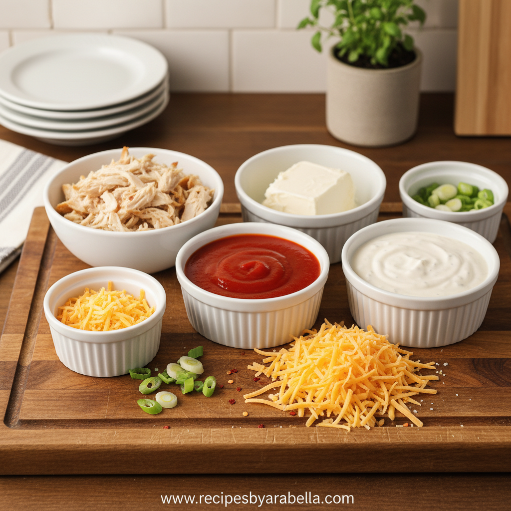 Ultimate Buffalo Chicken Dip Recipe - Creamy Cheesy Party Dip for Game Day 2 Ingredients for buffalo chicken dip laid out on a counter