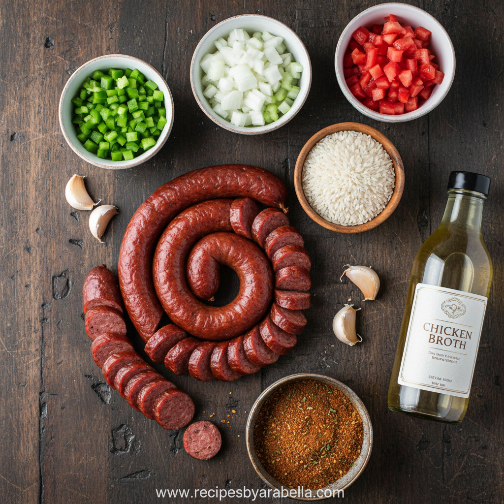 Ingredients for Cajun sausage rice skillet