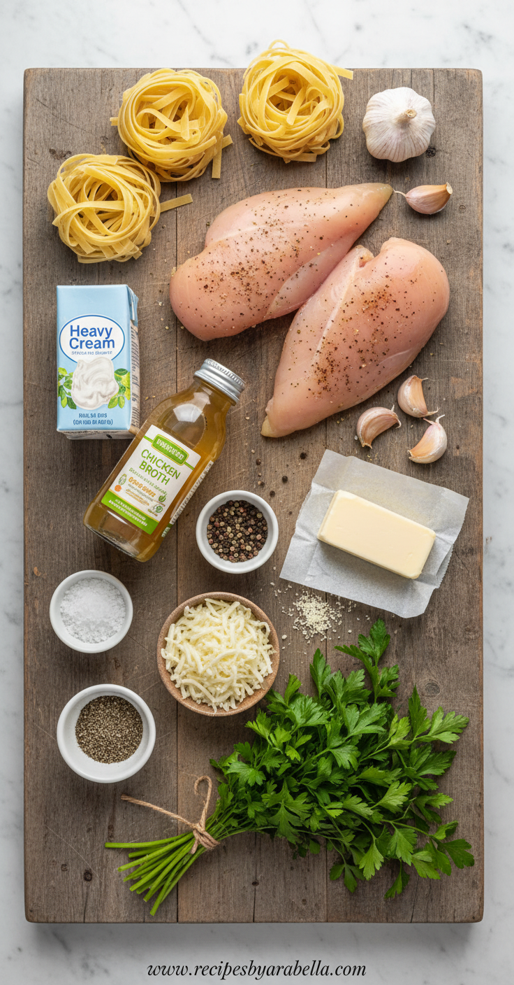 Ingredients for cheesy chicken Alfredo pasta