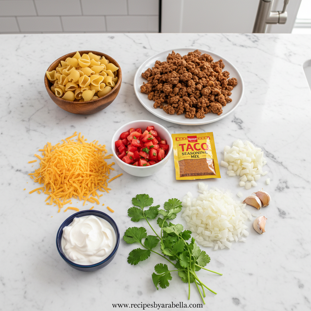 Ultimate Cheesy Taco Pasta Recipe - Easy One-Pan Dinner Solution 2 All ingredients needed for cheesy taco pasta including ground beef, pasta, cheese, and spices