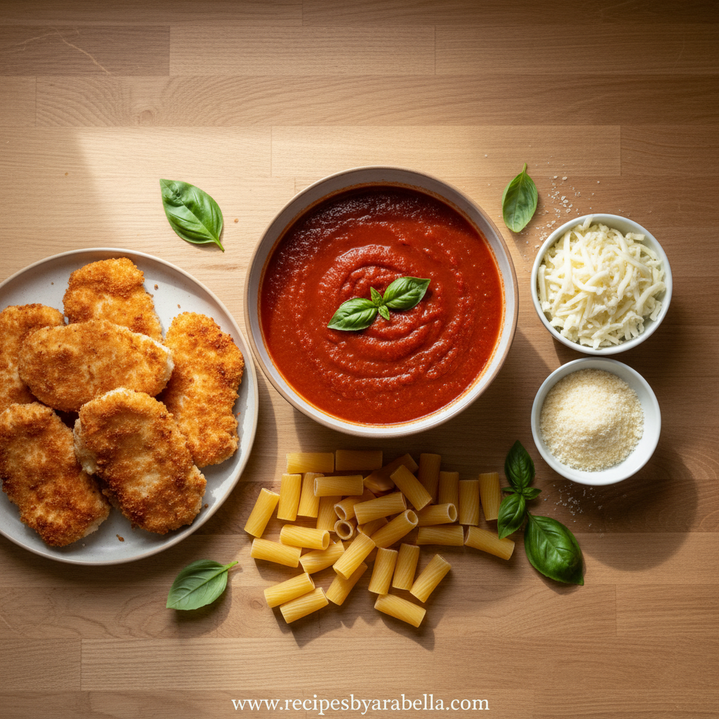 Ingredients for chicken parmesan casserole including chicken, cheese, and marinara sauce