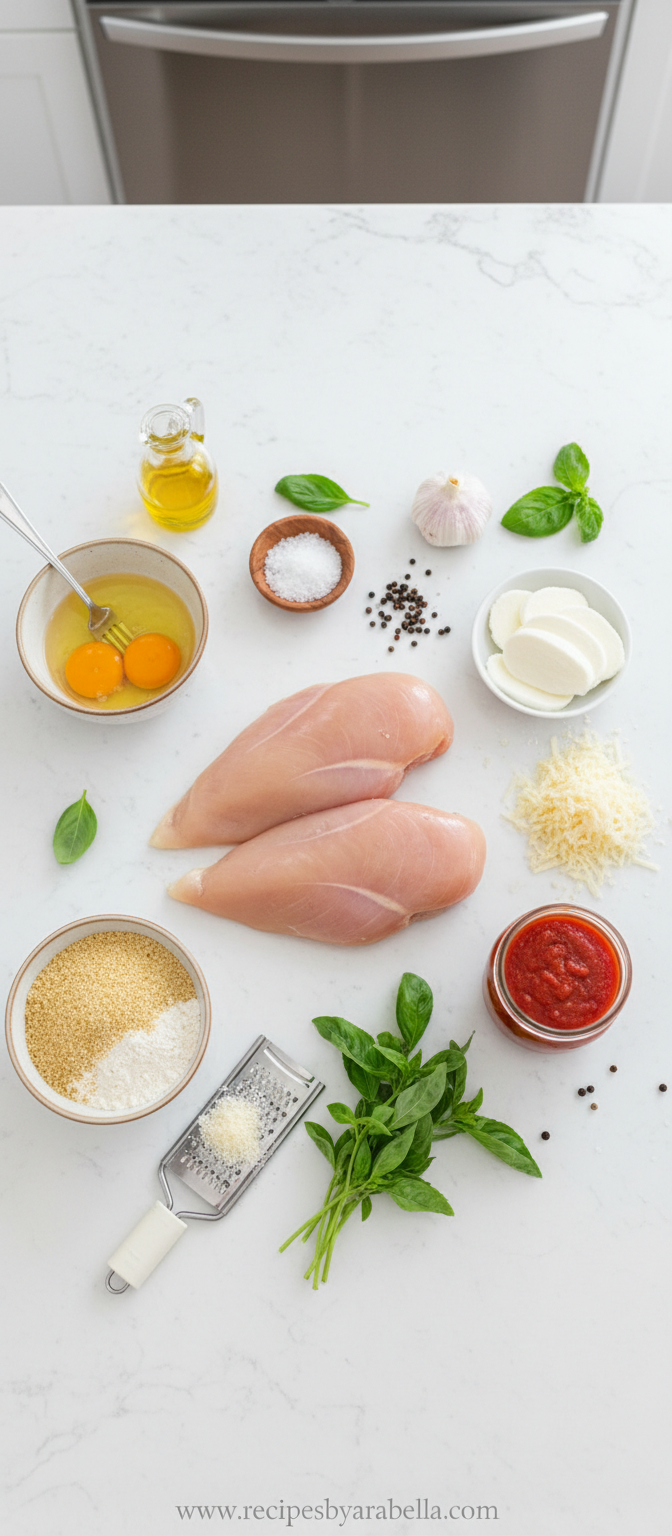 Fresh ingredients for Parmesan crusted chicken parmesan including chicken, Parmesan cheese, breadcrumbs, eggs, and seasonings