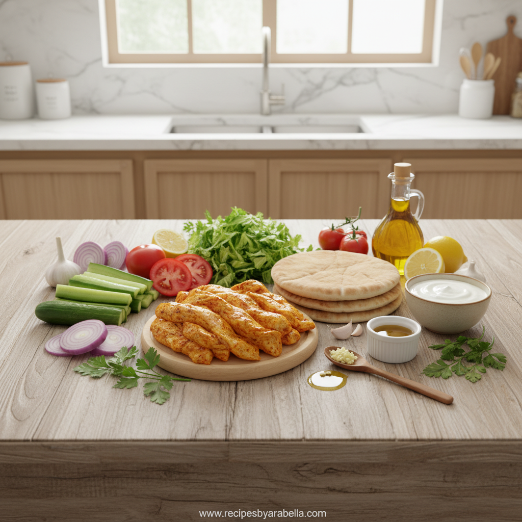 Shawarma ingredients including spices, chicken, yogurt, and vegetables