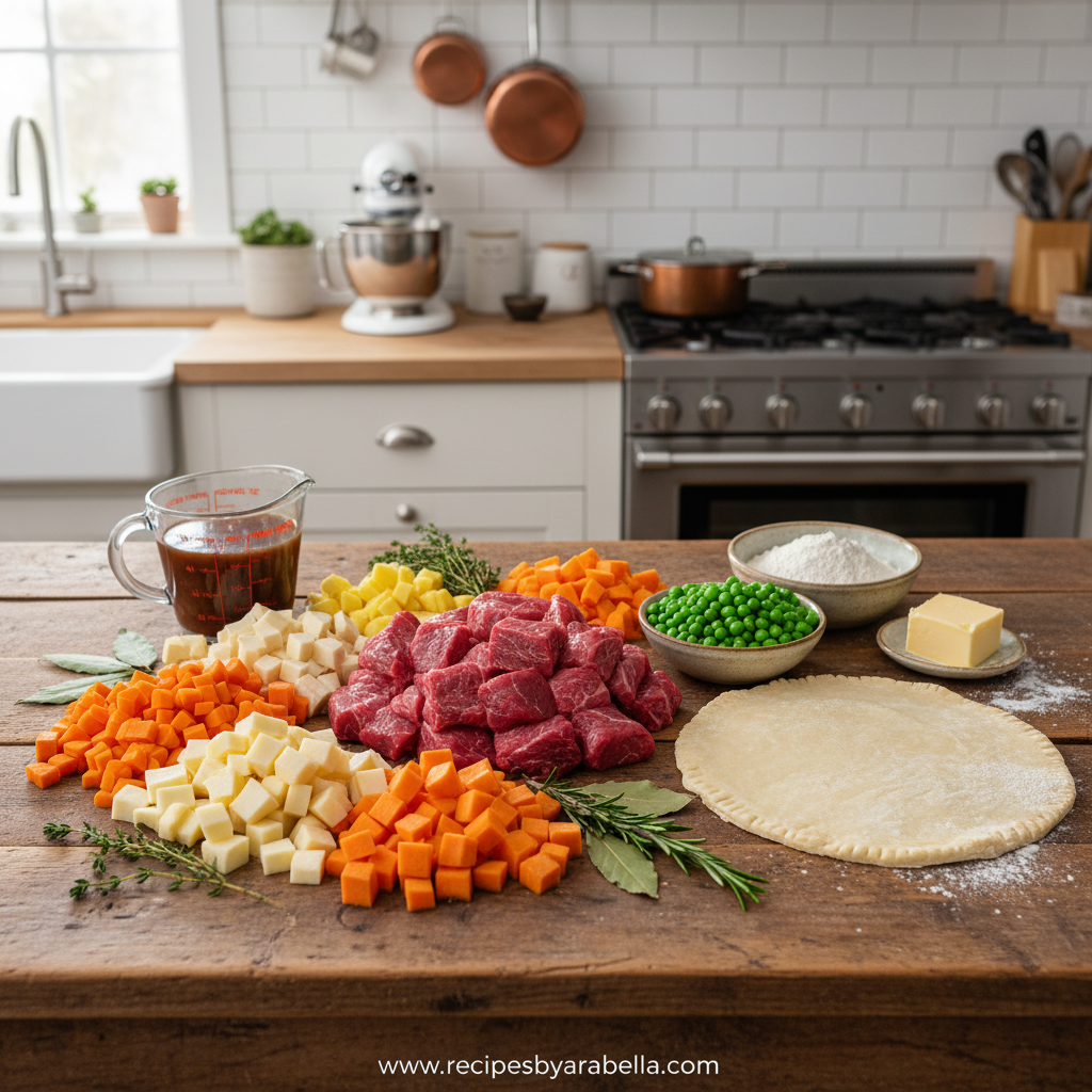 Ultimate Classic Beef Pot Pie - Flaky Crust Comfort Food Recipe 2 Ingredients for classic beef pot pie arranged on counter