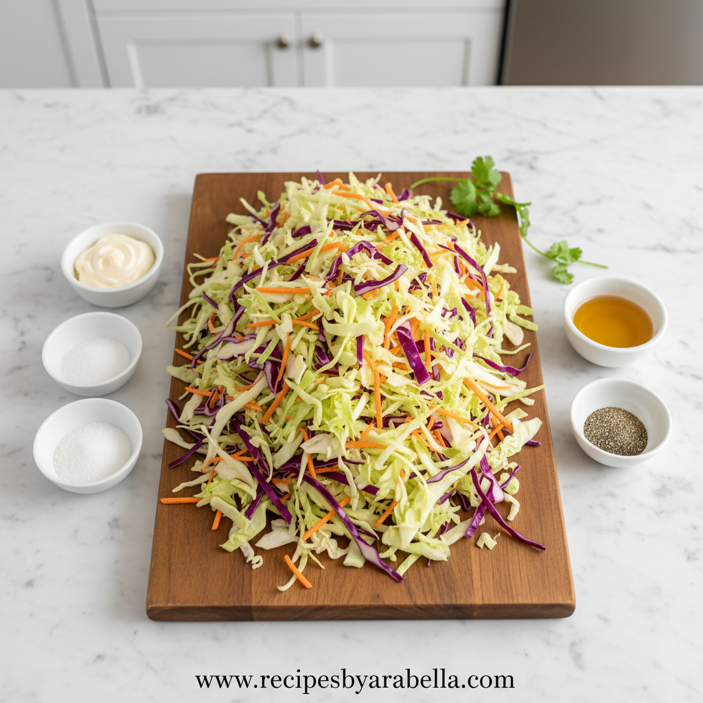 Fresh cabbage, carrots, mayonnaise, vinegar, and seasonings arranged for making coleslaw