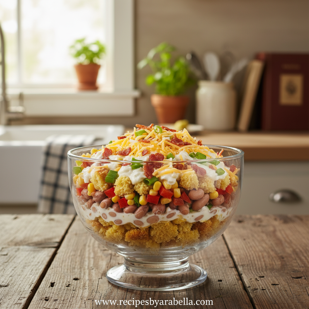 Classic Southern Cornbread Salad - Authentic Layered Side Dish Recipe 1 Classic Southern cornbread salad in a beautiful serving bowl