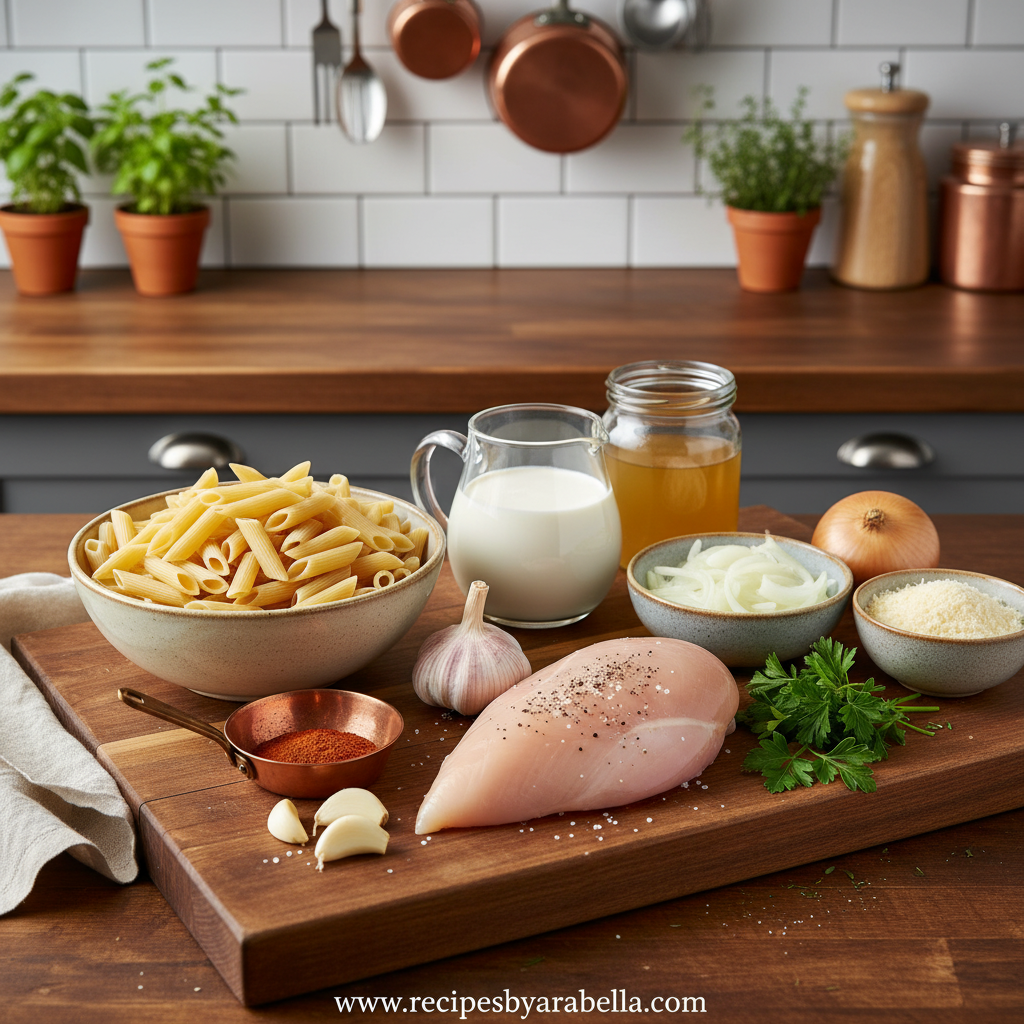 Ingredients for comfort chicken pasta with garlic butter
