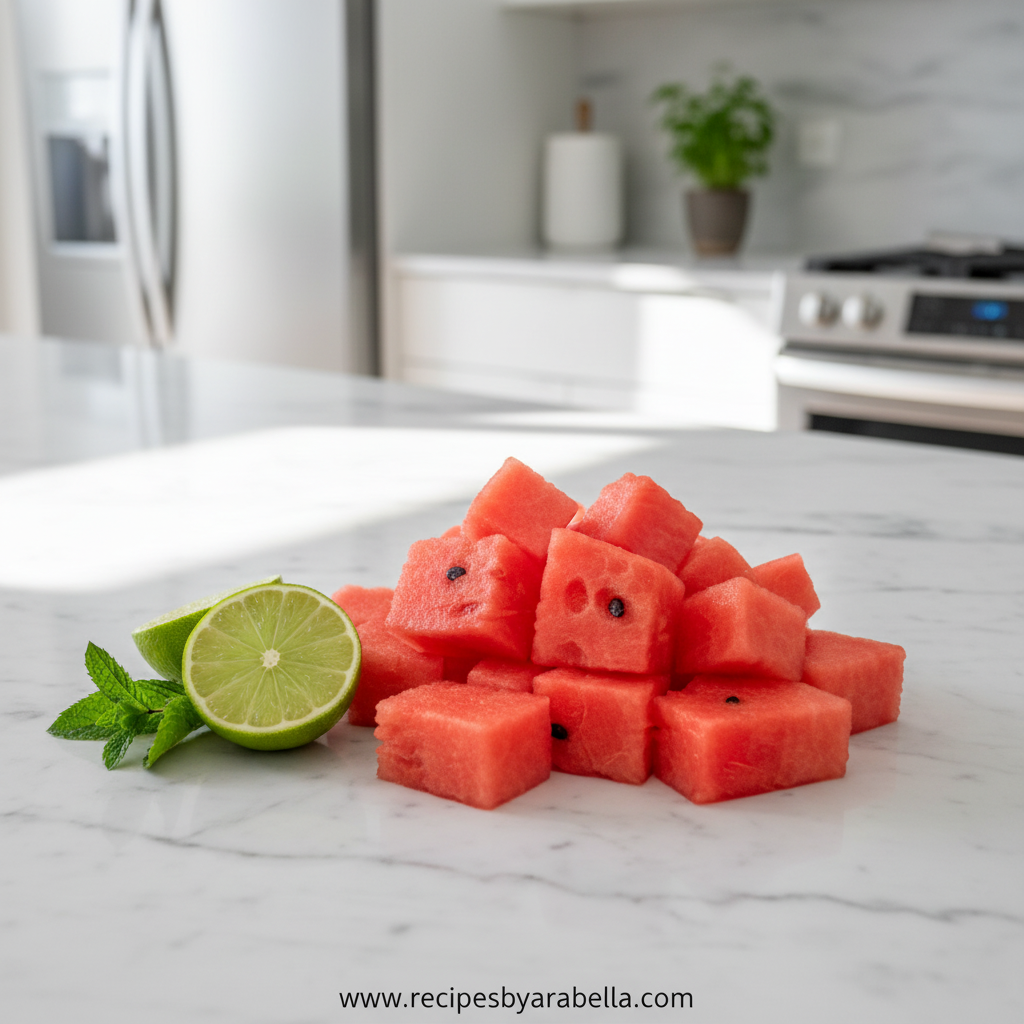 Fresh watermelon, lime, and honey ingredients for sorbet