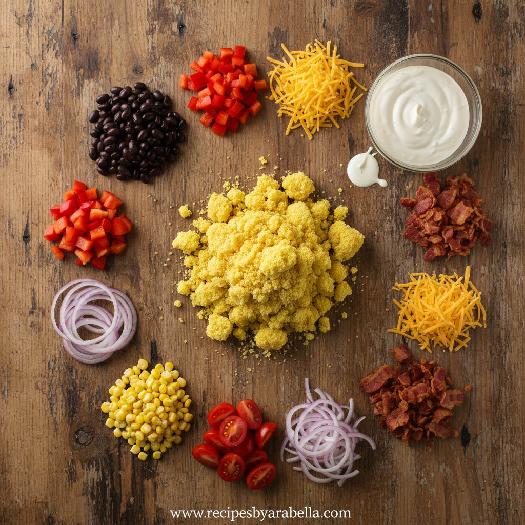 Ingredients for cornbread salad including cornbread, vegetables, and dressing