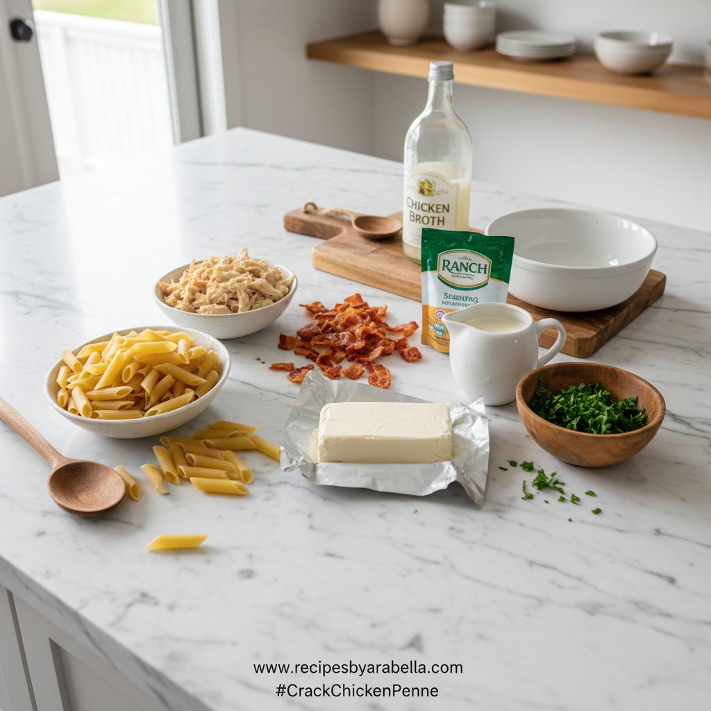 Crack Chicken Penne - Ultimate Creamy Chicken Penne Recipe with Ranch & Cheddar 2 Ingredients for crack chicken penne including chicken, pasta, cheese and seasoning