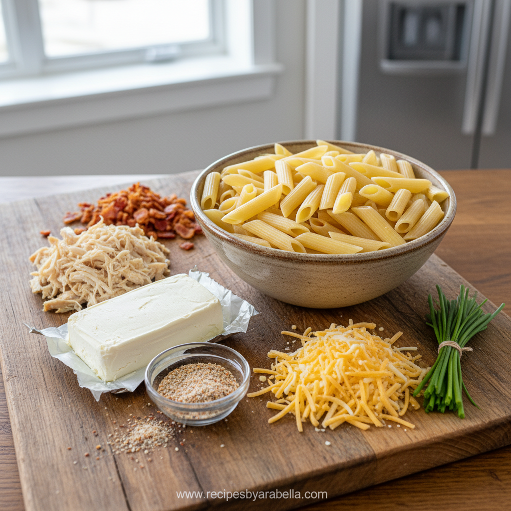 Ingredients for creamy chicken penne pasta recipe