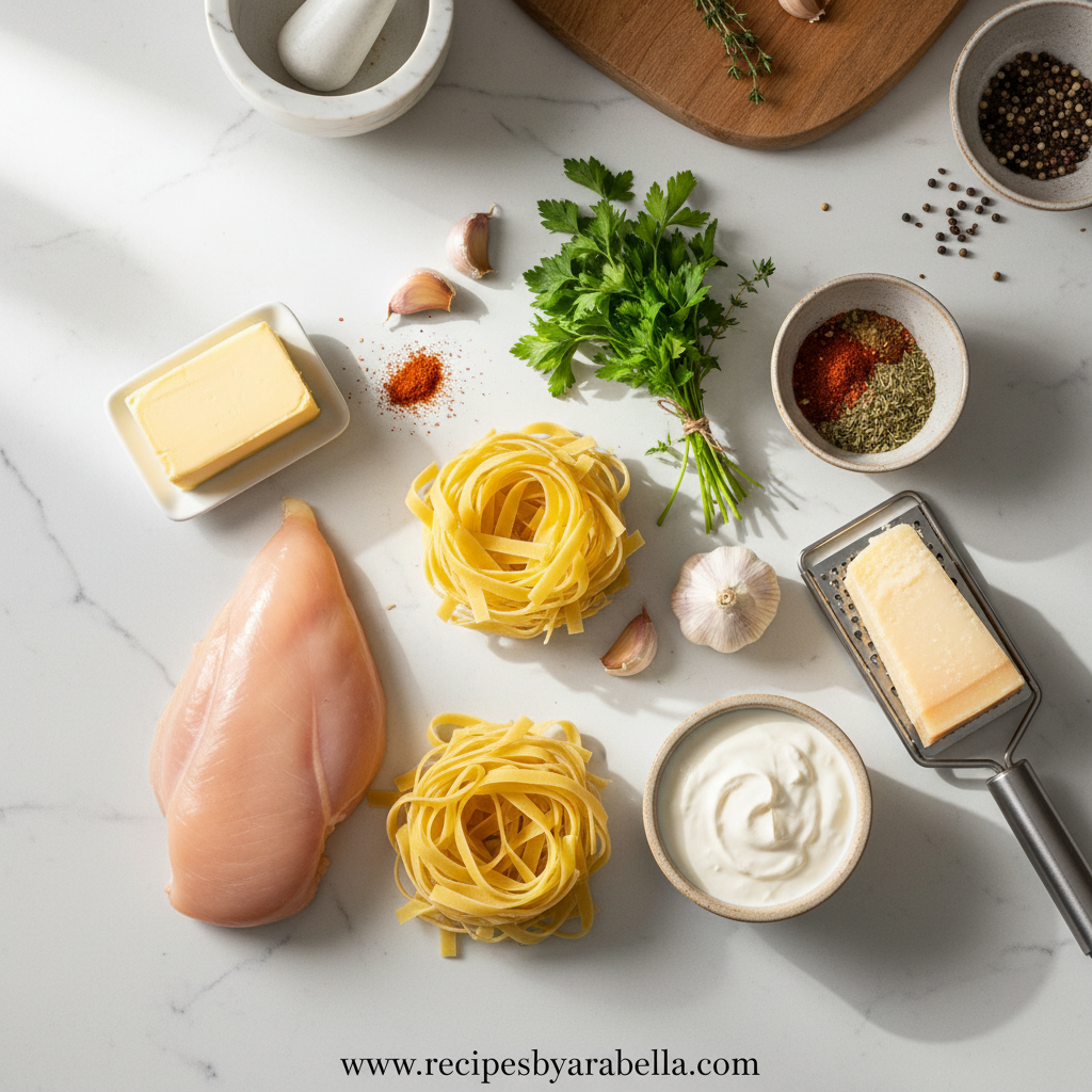 Ingredients for creamy cowboy butter chicken pasta laid out on counter