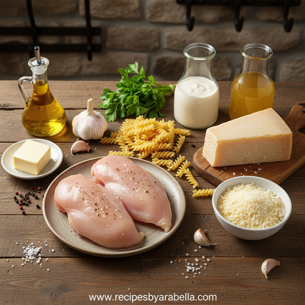 Ingredients for creamy garlic Parmesan chicken pasta