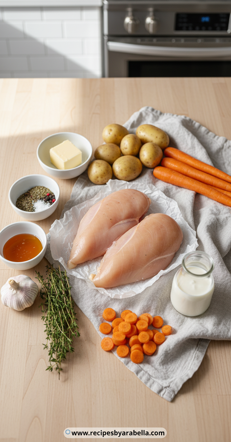 Ultimate Creamy Herb Chicken Dinner with Mashed Potatoes and Honey Glazed Carrots 2 Ingredients for creamy herb chicken dinner with vegetables and herbs