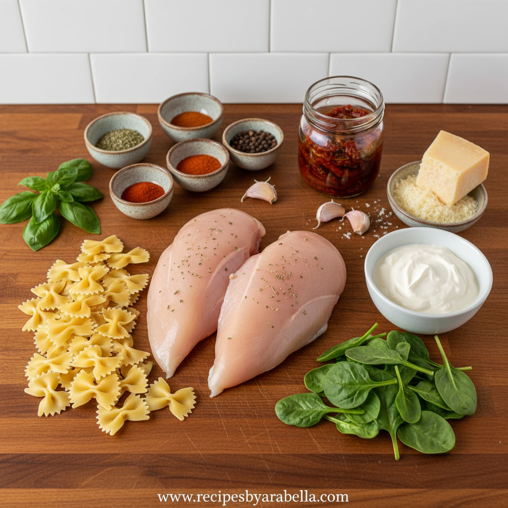 Ingredients for creamy marry me chicken pasta