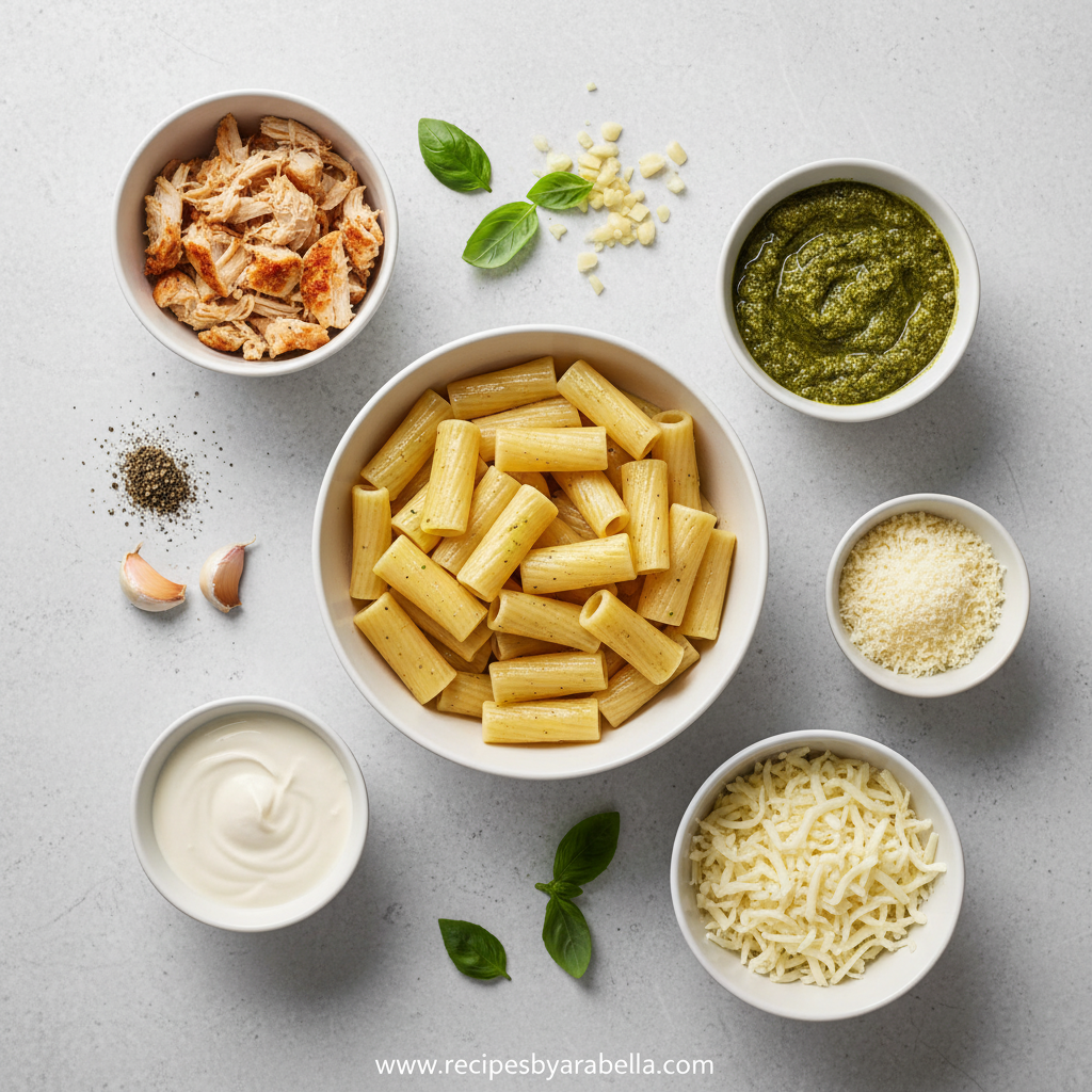 Ingredients for creamy pesto chicken pasta bake