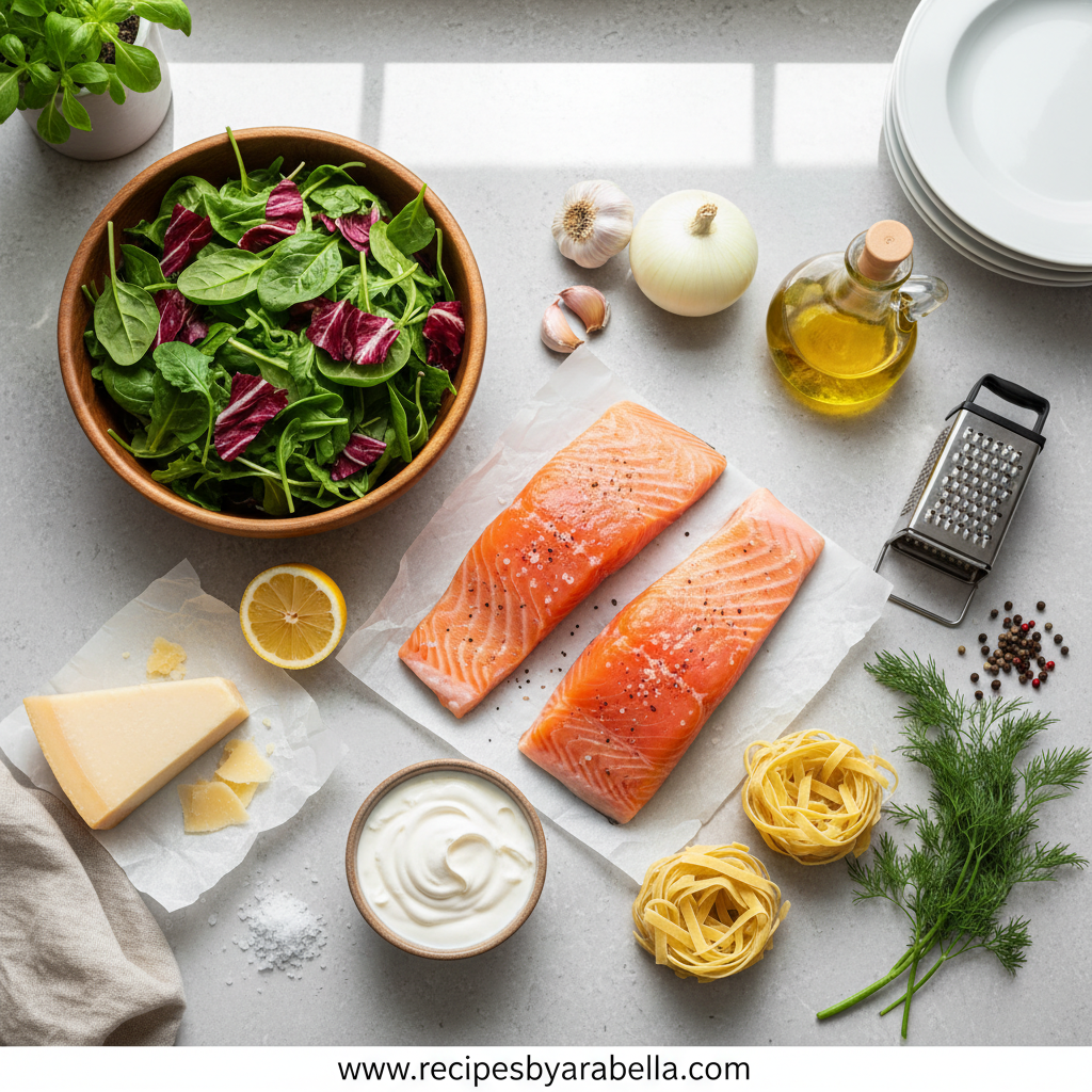 Ingredients for creamy salmon pasta with mixed greens