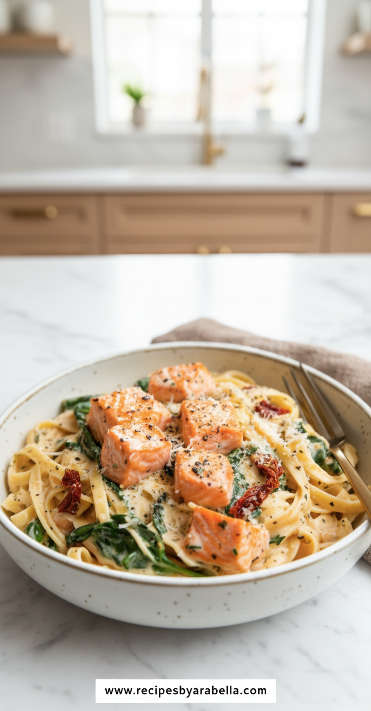 Creamy Tuscan salmon pasta with golden salmon pieces in rich garlic Parmesan sauce with spinach and sun-dried tomatoes