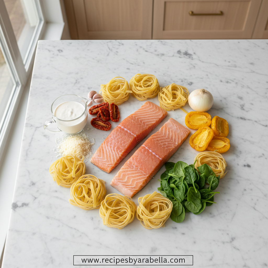 Ingredients for creamy Tuscan salmon pasta including salmon fillets, pasta, spinach, sun-dried tomatoes, garlic, Parmesan cheese