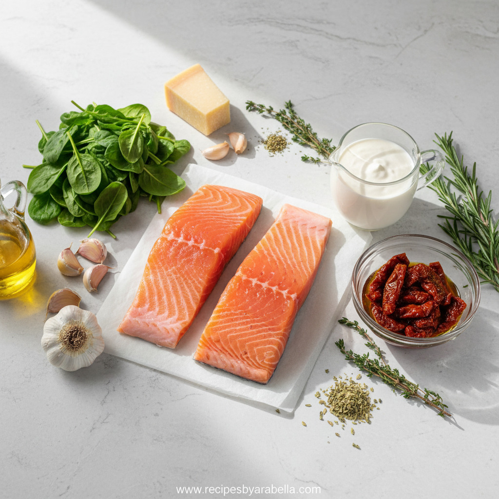 Ingredients for creamy Tuscan salmon