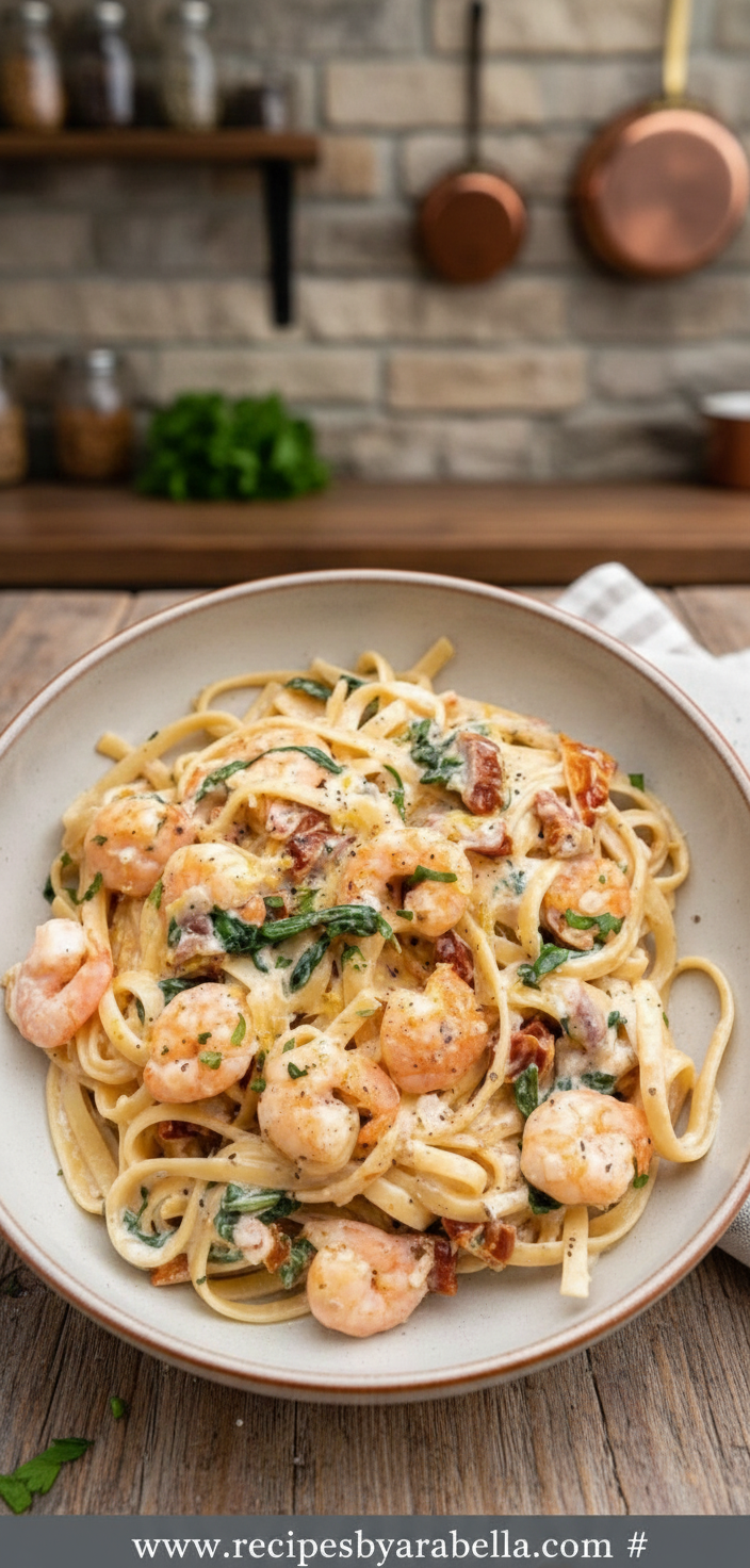 Creamy Tuscan Shrimp Linguine - Easy 30-Minute Dinner Recipe 1 Creamy Tuscan shrimp linguine served in a beautiful pasta bowl