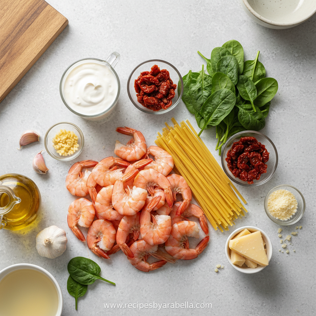 Creamy Tuscan Shrimp Linguine - Easy 30-Minute Dinner Recipe 2 Ingredients for creamy Tuscan shrimp linguine spread out on kitchen counter