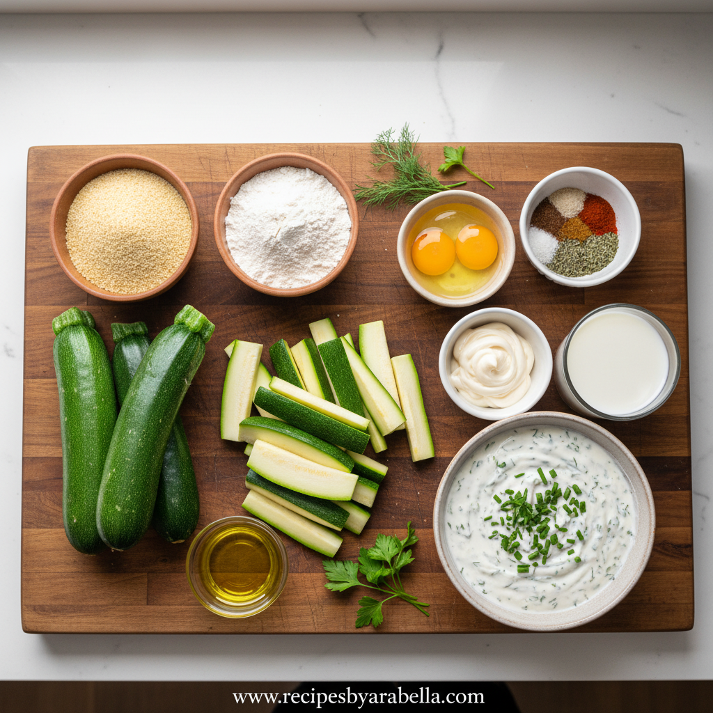 Crispy Air Fryer Zucchini Fries with Creamy Ranch Dip - Parmesan Panko Recipe 2 Fresh zucchini, panko breadcrumbs, parmesan cheese, and ranch dip ingredients