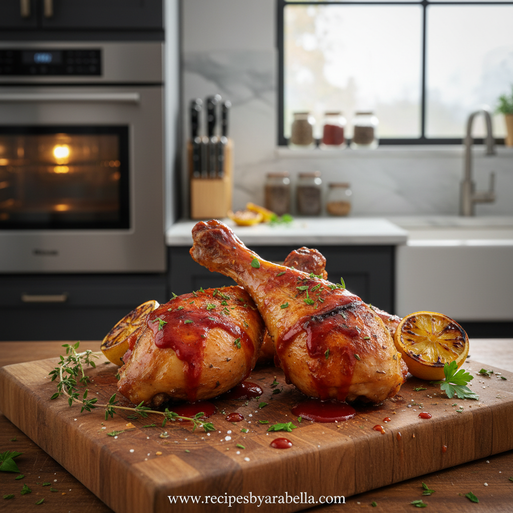 Golden brown crispy oven baked BBQ chicken legs with perfect caramelization