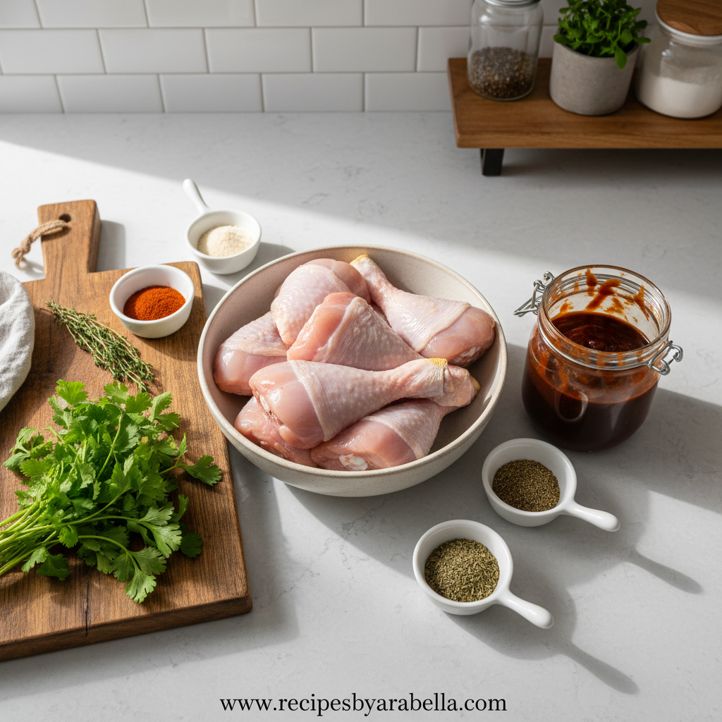 Ingredients for crispy oven baked BBQ chicken legs including chicken, spices, and BBQ sauce