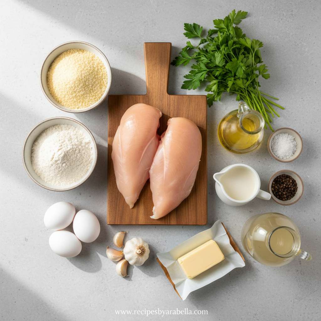 Ultimate Crispy Parmesan Chicken with Garlic Sauce - Easy Restaurant-Style Recipe 2 Ingredients for crispy Parmesan chicken recipe laid out on kitchen counter